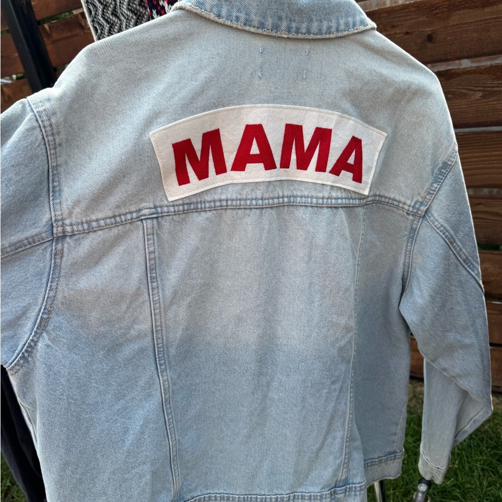 Isabel Maternity by Ingrid & Isabel Light Blue Denim Jacket with Red MAMA Patch